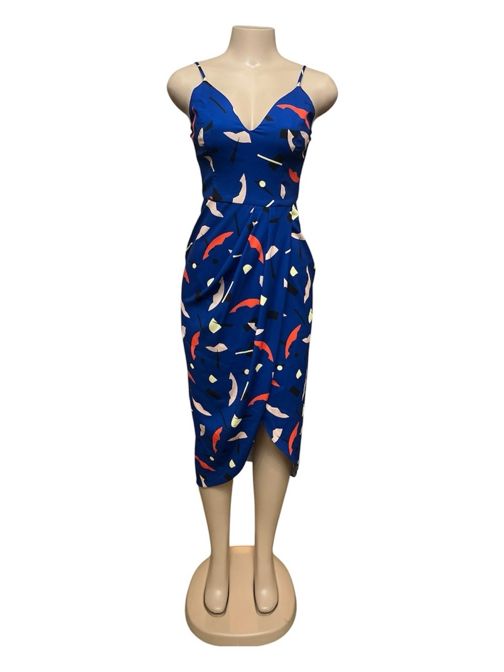 Shona Joy Navy Abstract Midi Slip Dress with Coral & Cream Accents - Picture 2 of 7